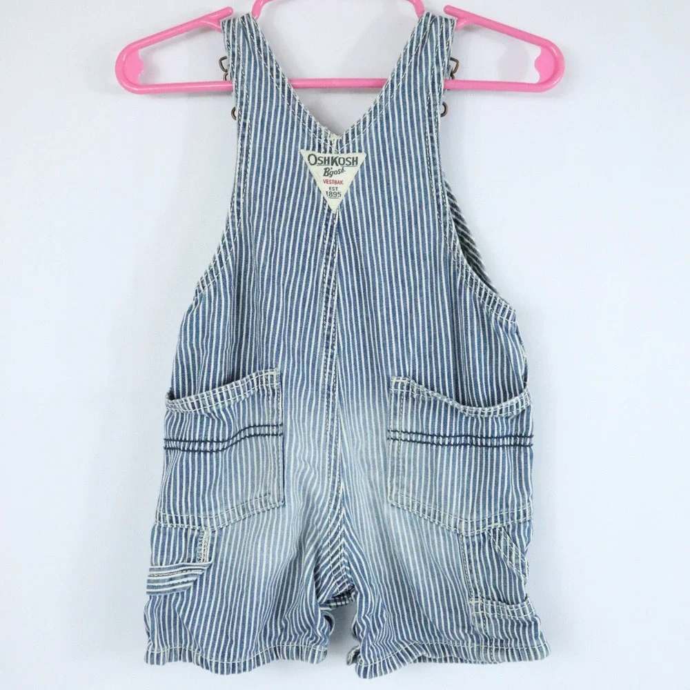 OshKosh B'Gosh Blue Hickory Stripe Railroad Shortalls Vestbak Kids Sz 9 Months